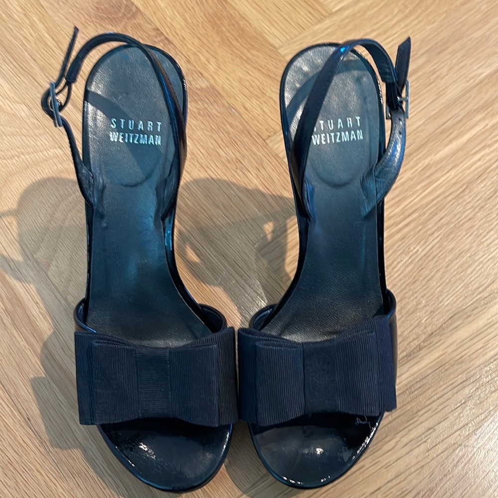**SOLD** Stuart Weitzman 4.5” platform heel in satin black with fabric bow front